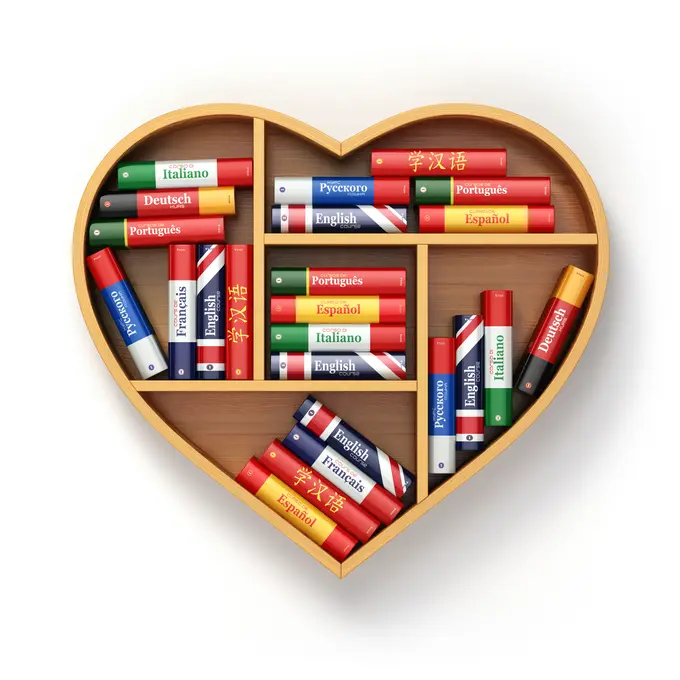 Heartshaped bookshelf with dictionnaries for different languages